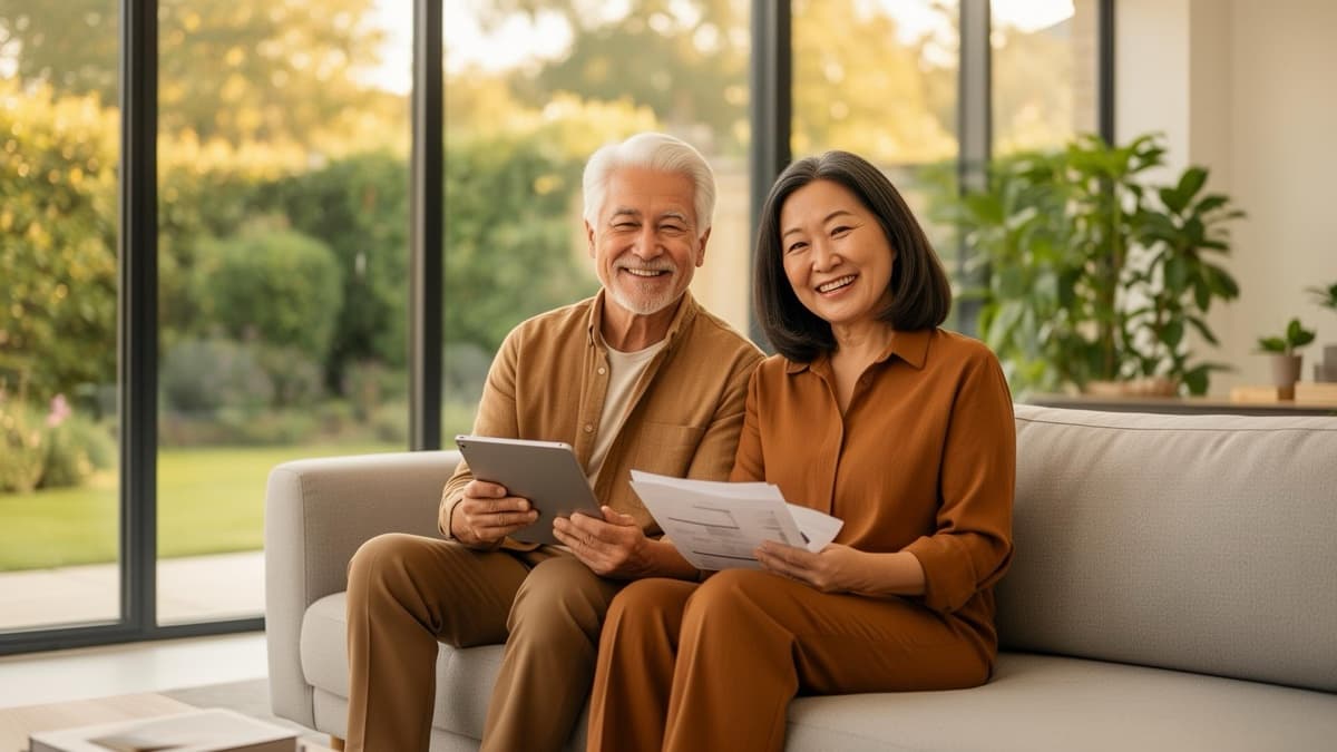 Happy retired couple reviewing their financial plan with confidence